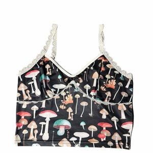 ROMWE Black Satin Mushroom Print Lace Trim Cami